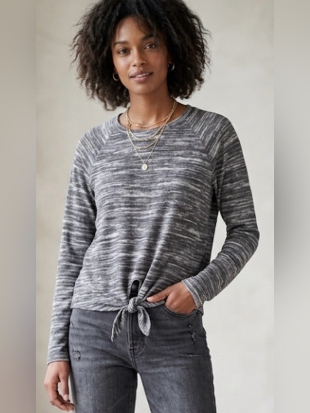 Lilla P Grey Heather Long Sleeve Tie Front Top